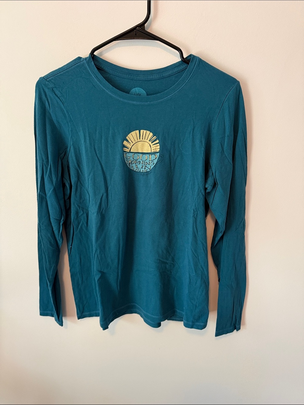 Life Is Good Teal Long Sleeve Tee with Yellow Sun Graphic